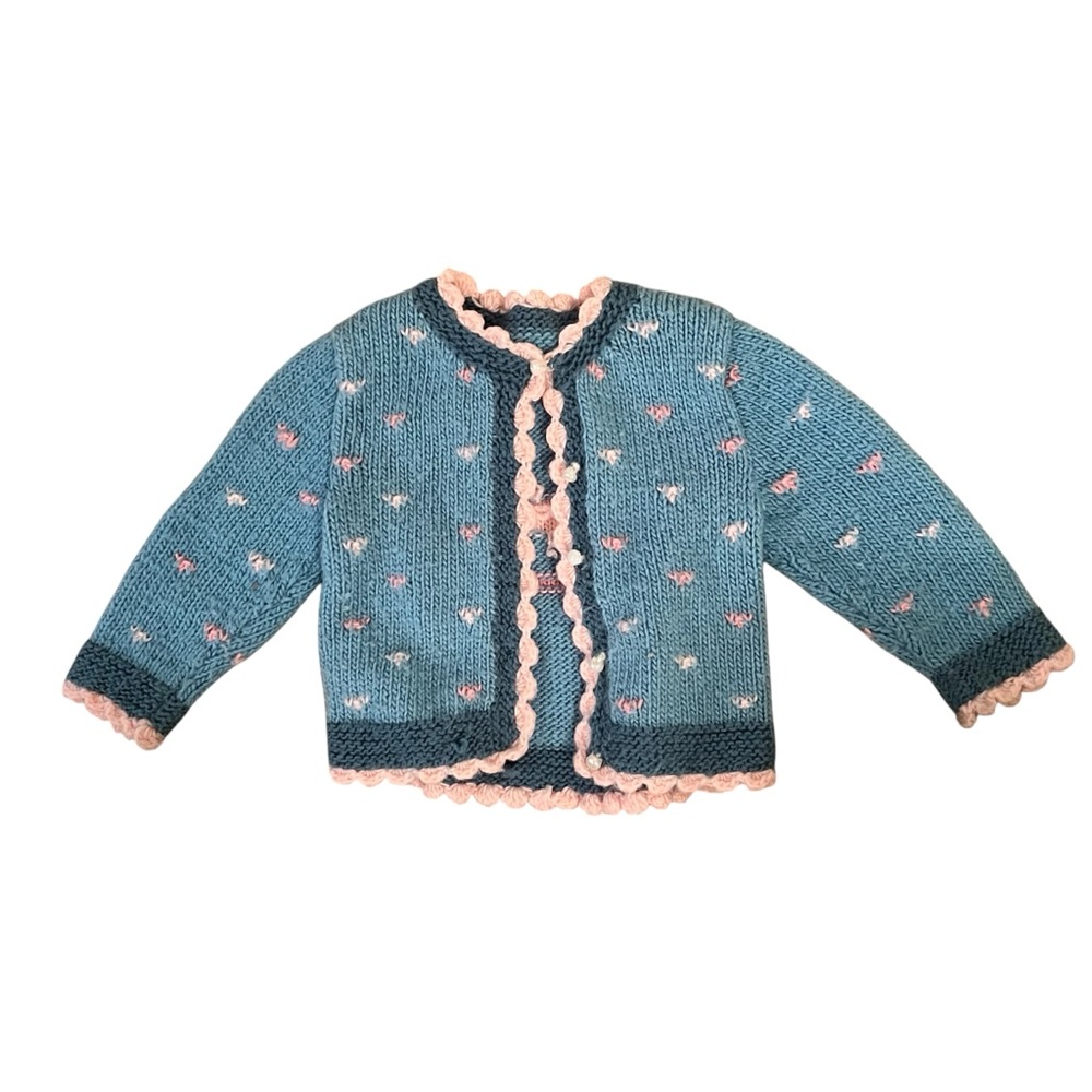 Vintage Girls Blue & Pink Knit Cardigan Sweater